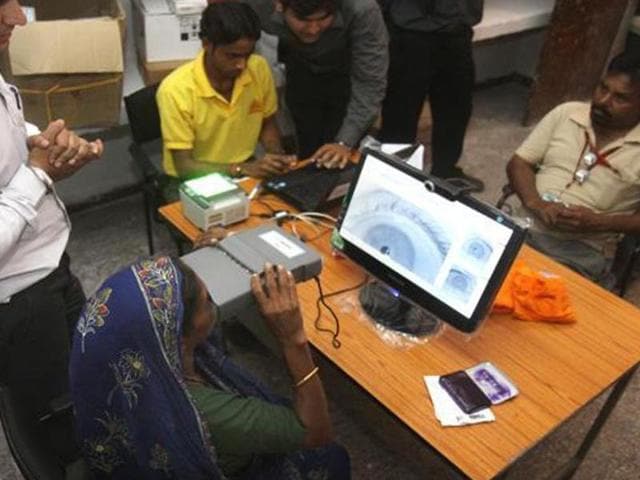 A woman registering her biometrics for an Aadhaar card.(File Photo)