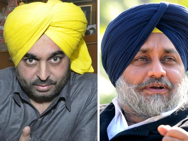 AAP MP Bhagwant Mann (left) and Punjab deputy CM and SAD president Sukhbir Singh Badal. (HT File Photos) AAP MP Bhagwant Mann (left) and Punjab deputy CM and SAD president Sukhbir Singh Badal. (HT File Photos)