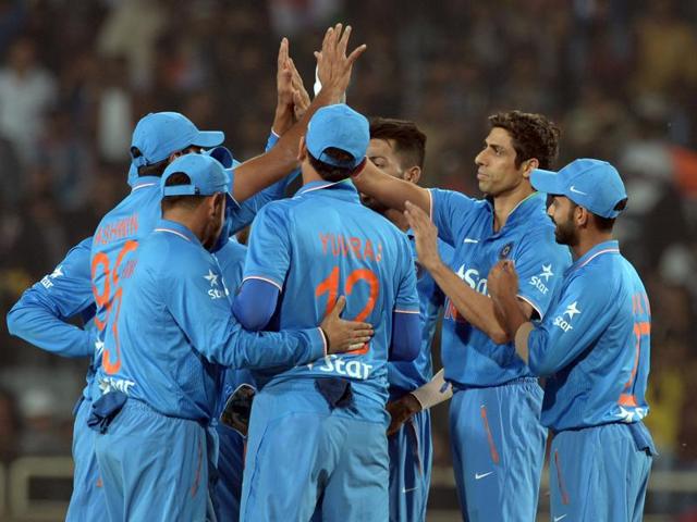 India's Ashish Nehra with teammates celebrate after taking the wicket of Sri Lanka's Danushka Gunathilaka. (AFP Photo) India's Ashish Nehra with teammates celebrate after taking the wicket of Sri Lanka's Danushka Gunathilaka. (AFP Photo)