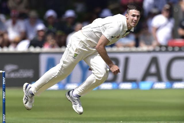 Mitchell Marsh of Australia bowls during the first Test match against New Zealand. (AFP Photo)