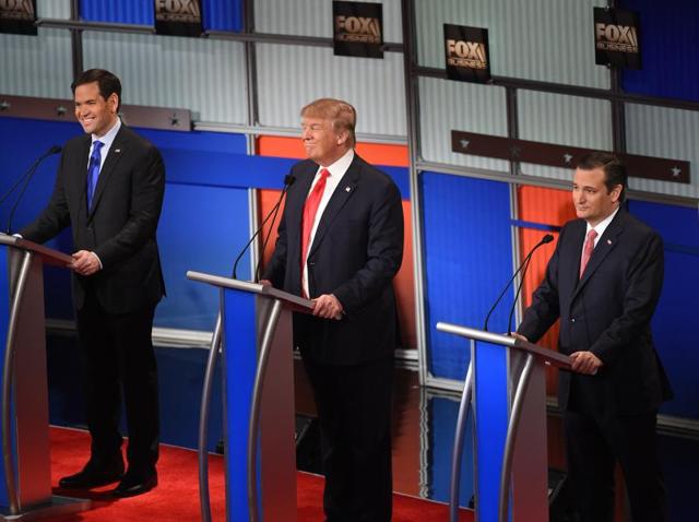 Republican presidential candidates John Kasich, Jeb Bush, Marco Rubio, businessman Donald Trump, Ted Cruz, retired neurosurgeon Ben Carson and New Jersey governor Chris Christie (L-R) line up on the stage at the beginning of a Republican presidential primary debate hosted by ABC News at the St. Anselm College last week.(AP)