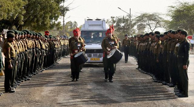 Lance Naik Hanumanthappa Koppad's mortal remains being taken to Brar Square in New Delhi. (PTI Photo) Lance Naik Hanumanthappa Koppad's mortal remains being taken to Brar Square in New Delhi. (PTI Photo)
