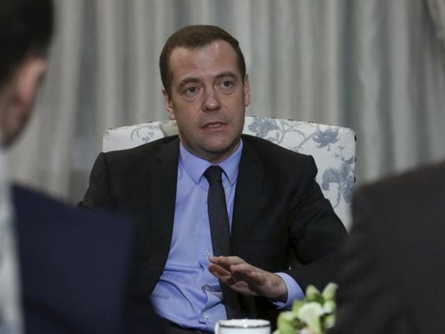 Russian Prime Minister Dmitry Medvedev speaks during an interview at the Gorki state residence outside Moscow, Russia. (REUTERS) Russian Prime Minister Dmitry Medvedev speaks during an interview at the Gorki state residence outside Moscow, Russia. (REUTERS)