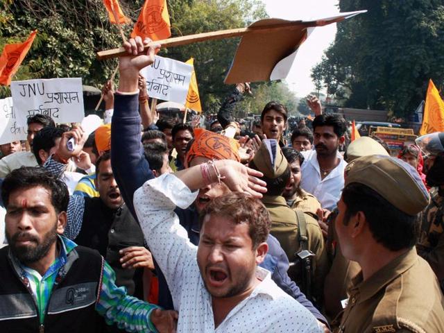 ABVP activists protest against an event at JNU supporting Parliament attack convict Afzal Guru in New Delhi o (PTI) ABVP activists protest against an event at JNU supporting Parliament attack convict Afzal Guru in New Delhi o (PTI)