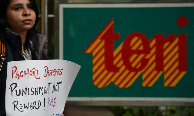 A protester outside The Energy and Resources Institute (TERI) office in New Delhi. (AFP Photo) A protester outside The Energy and Resources Institute (TERI) office in New Delhi. (AFP Photo)