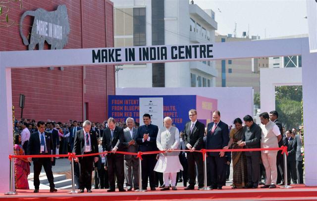 Prime Minister Narendra Modi with Sweden PM Stefan Lofven, Finland PM Juha Sipila and Poland deputy PM Piotr Glinski inaugurate the 'Make in India Week' in Mumbai.  (PTI Photo)