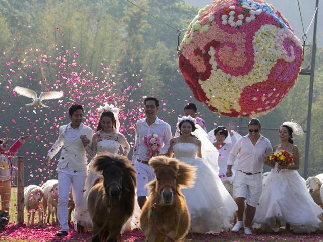 Four newlywed couples run away from a giant flower ball as a part of an adventure-themed wedding ceremony in Thailand, Saturday, Feb. 13, 2016, on the eve of Valentine’s Day. (AP)