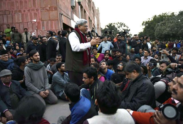 CPM leader Sitaram Yechury addresses the students protesing over the release of Student Union president Kanhaiya Kumar at Jawaharlal Nehru University, in New Delhi on Saturday, February 13, 2016. (Vipin Kumar / HT Times) CPM leader Sitaram Yechury addresses the students protesing over the release of Student Union president Kanhaiya Kumar at Jawaharlal Nehru University, in New Delhi on Saturday, February 13, 2016. (Vipin Kumar / HT Times)