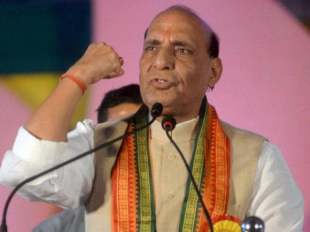Union home minister Rajnath Singh address during a party rally in Thiruvananthapuram on Thursday.(PTI Photo)