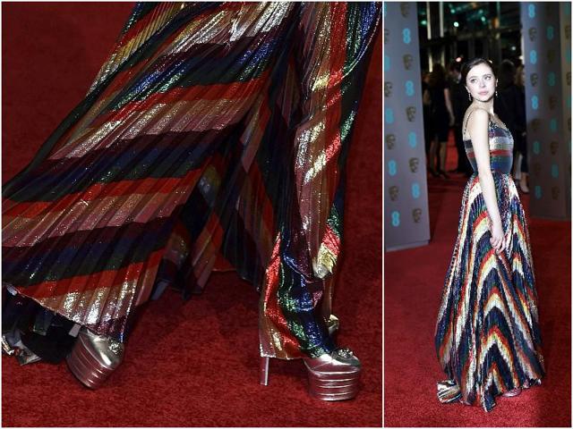 Bel Powley wore a shiny montage of colours with shoes straight out of a sci-fi movie. (Agencies) 