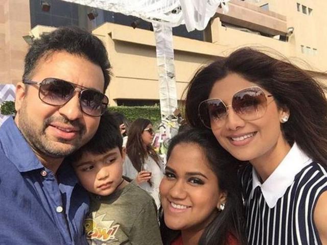 Shilpa Shetty, along with husband Raj Kundra and son at Arpita’s baby shower. (Instagram) 