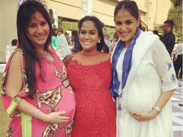 Genelia D’Souza, Arpita Khan and Kanchi Kaul celebrate motherhood at Arpita’s baby shower on Sunday. (Instagram) 