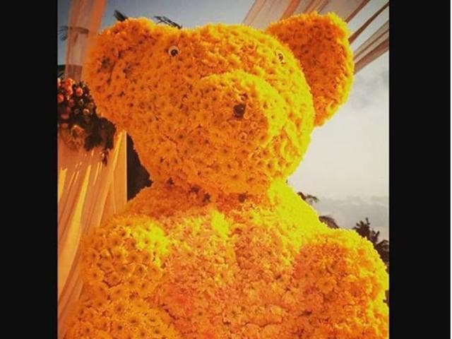 A floral bear was part of the decorations at Arpita’s baby shower celebrations. (Instagram) 
