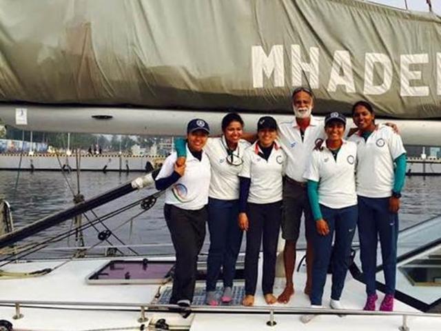 Lt Commander Joshi, Lt Pratibha Jamwal, Lt P Swathi ,Lt Vijaya Devi and Sub Lt Payal Gupta along with Commander Donde aboard INSV Mhadei. (PIB) Lt Commander Joshi, Lt Pratibha Jamwal, Lt P Swathi ,Lt Vijaya Devi and Sub Lt Payal Gupta along with Commander Donde aboard INSV Mhadei. (PIB)