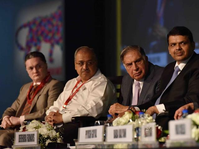 From left: Raymond Group CMD Gautam Singhania, Sun Pharma MD Dilip Shanghvi, Tata Sons chairman emeritus Ratan Tata and Maharashtra chief minister Devendra Fadnavis during the Maharashtra Investment seminar at the Make in India event in Mumbai on Monday.(Pratham Gokhale/HT)