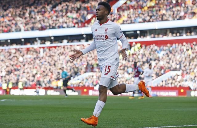 Daniel Sturridge celebrates scoring the first goal for Liverpool against Aston Villa. (Reuters Photo)