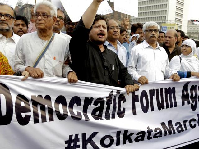 In Kolkata, leaders and supporters of Left parties and Congress during a protest march against the arrest of Kumar on Monday. (AP)