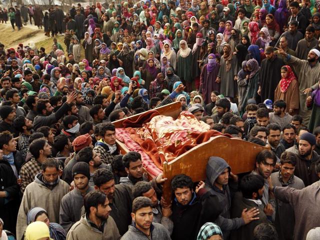 Kashmiri villages carry the body of Shaista Hamid during her funeral in Lelhara village in Pulwama district of J-K on Sunday, Feb. 14, 2016. Hamid was killed in clashes with government forces. (AP) Kashmiri villages carry the body of Shaista Hamid during her funeral in Lelhara village in Pulwama district of J-K on Sunday, Feb. 14, 2016. Hamid was killed in clashes with government forces. (AP)
