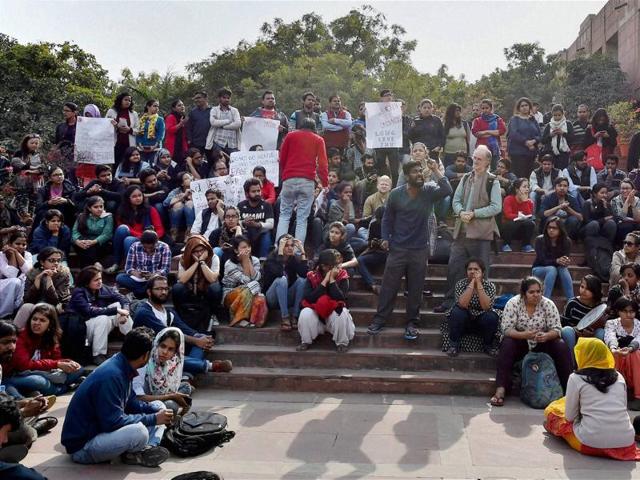 JNU students protest inside the university campus against the arrest of student union president Kanhaiya Kumar.(PTI)