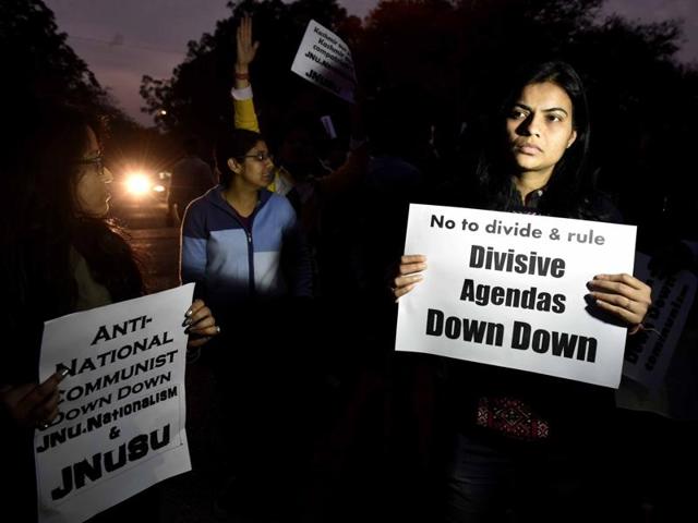 The debate over the Afzal Guru event in JNU and then the arrest of Kanhaiya Kumar has divided the nation into sides. While the right wing-affiliated groups claim the event as anti-national and seditious, the arrests of the students has drawn criticism of the Left thinkers who have said the Centre is oppressing the views and curbing the freedom of expression in the country. (Vipin Kumar/HT Photo)