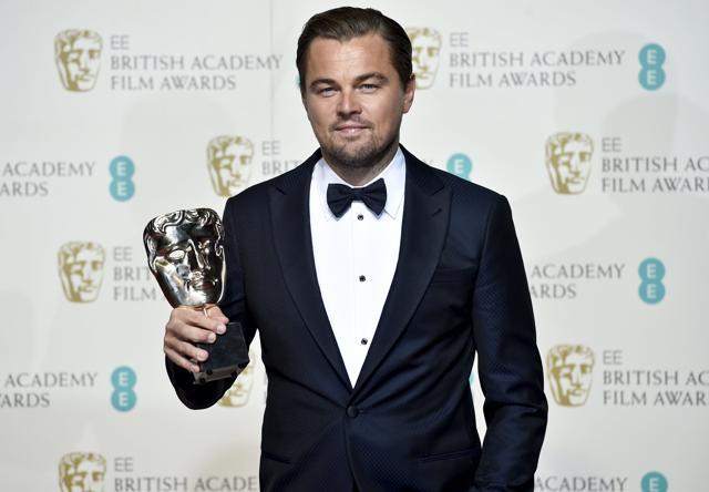 Leonardo DiCaprio holds his award for best leading actor at the British Academy of Film and Television Arts (BAFTA) Awards at the Royal Opera House in London. (REUTERS) Leonardo DiCaprio holds his award for best leading actor at the British Academy of Film and Television Arts (BAFTA) Awards at the Royal Opera House in London. (REUTERS)