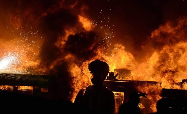 A massive fire broke out during a cultural event 'Maharashtra Night' at the Make In India week in Mumbai on Sunday. (PTI) A massive fire broke out during a cultural event 'Maharashtra Night' at the Make In India week in Mumbai on Sunday. (PTI)