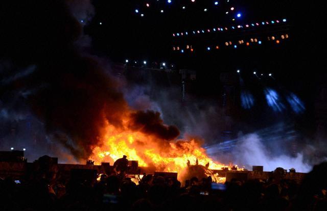 A massive fire broke out on Stage during a cultural event 'Maharashtra Night' at the Make In India week in Mumbai on Sunday. (PTI) A massive fire broke out on Stage during a cultural event 'Maharashtra Night' at the Make In India week in Mumbai on Sunday. (PTI)