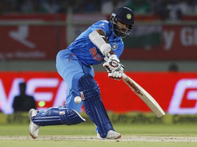 hikhar Dhawan plays a shot against Sri Lanka during their third Twenty20 cricket match in Vishakapatnam. (AP) 