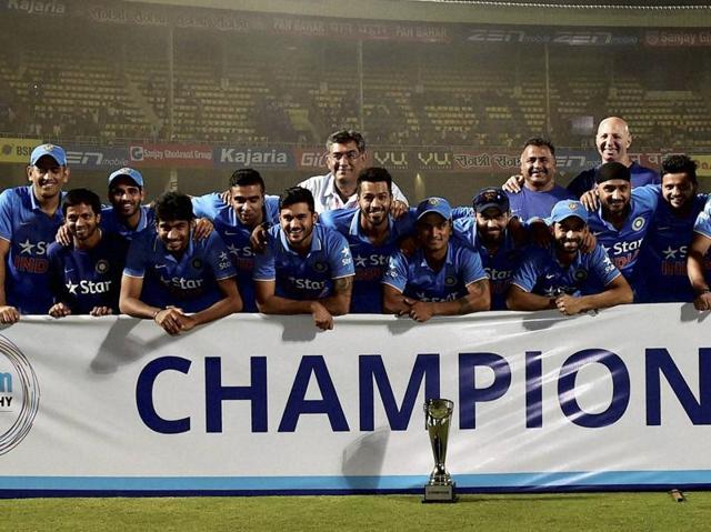India celebrate after winning the T20 three match series against Sri Lanka at ACA-VDCA Cricket Stadium in Visakhapatnam on Sunday.  (PTI) 