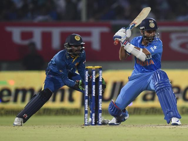 Ajinkya Rahane plays a shot during the 3rd T20 against Sri Lanka in Visakhapatnam. (Ashok nath Dey/HT Photo) 