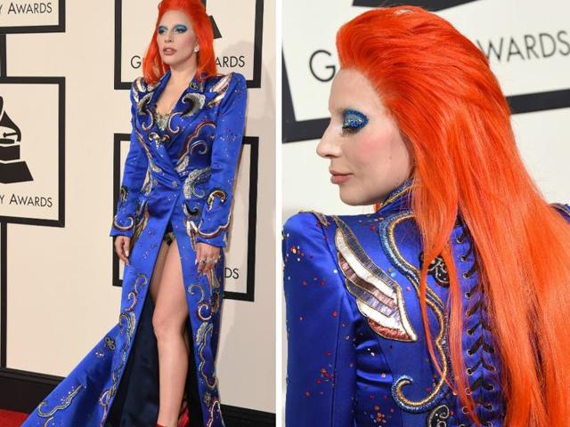 GOOD: Lady Gaga channels Dawid Bowie’s spirit in her Grammy outfit. Don’t miss the red hair. (AFP) 