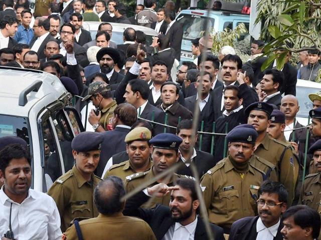 Advocates clash with the JNU students who were protesting against the arrest of JNUSU President Kanhaiya Kumar at Patiala House Courts in New Delhi on Monday. (PTI) Advocates clash with the JNU students who were protesting against the arrest of JNUSU President Kanhaiya Kumar at Patiala House Courts in New Delhi on Monday. (PTI)