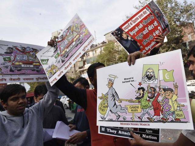 ABVP activists protest against an event at JNU supporting Parliament attack convict Afzal Guru in New Delhi on Friday. (PTI) ABVP activists protest against an event at JNU supporting Parliament attack convict Afzal Guru in New Delhi on Friday. (PTI)