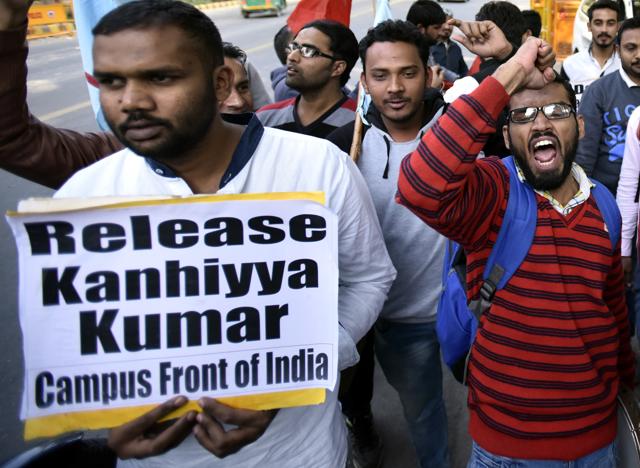 Activists of Campus Front of India demand the release of JNUSU president Kanhaiya Kumar, at Shastri Bhavan, New Delhi. (Arun Sharma/HT Photo) Activists of Campus Front of India demand the release of JNUSU president Kanhaiya Kumar, at Shastri Bhavan, New Delhi. (Arun Sharma/HT Photo)