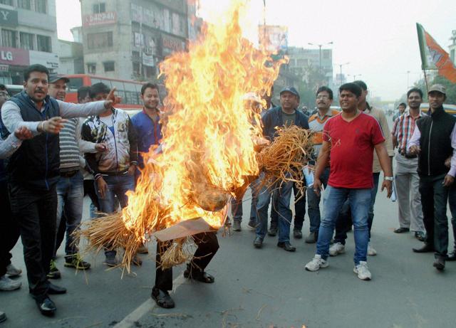 BJP activists burn an effigy of Congress vice-president in Guwahati. (PTI) BJP activists burn an effigy of Congress vice-president in Guwahati. (PTI)
