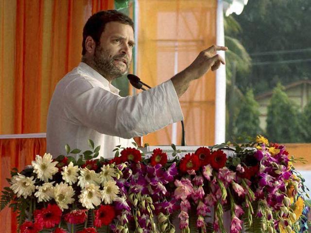 Congress vice-president Rahul Gandhi addresses Jana Jagaran Samaroh in Titabar, Jorhat on Monday. (PTI) Congress vice-president Rahul Gandhi addresses Jana Jagaran Samaroh in Titabar, Jorhat on Monday. (PTI)