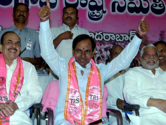 Telangana chief minister and TRS leader K Chandrasekhar Rao addressing media in Hyderabad. Bhupal Reddy took an early lead over Congress’ Sanjeeva Reddyin the Narayankhed by poll. (PTI File Photo) Telangana chief minister and TRS leader K Chandrasekhar Rao addressing media in Hyderabad. Bhupal Reddy took an early lead over Congress’ Sanjeeva Reddyin the Narayankhed by poll. (PTI File Photo)