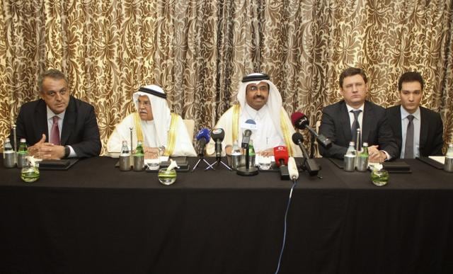Russia's energy minister Alexander Novak, Qatar's energy minister Mohammad bin Saleh al-Sada, Saudi Arabia's oil minister Ali al-Naimi and Venezuela's oil minister Eulogio del Pino attend a joint news conference following their meeting in Doha, Qatar on Tuesday. (REUTERS) Russia's energy minister Alexander Novak, Qatar's energy minister Mohammad bin Saleh al-Sada, Saudi Arabia's oil minister Ali al-Naimi and Venezuela's oil minister Eulogio del Pino attend a joint news conference following their meeting in Doha, Qatar on Tuesday. (REUTERS)