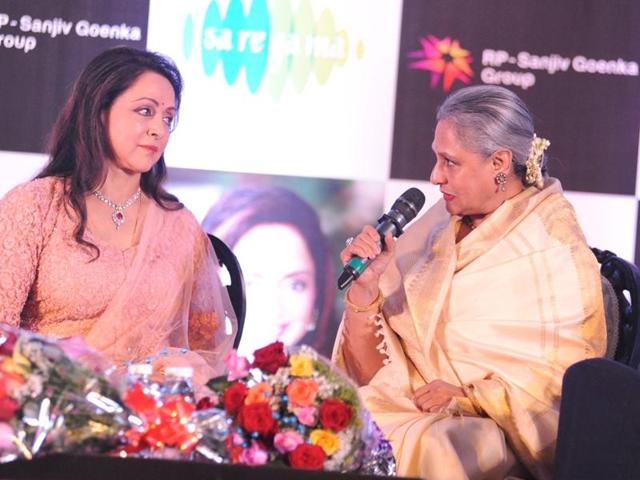 Hema Malini converses with Jaya Bachchan during the launch of her new music album Dream Girl in Mumbai.  (IANS) 