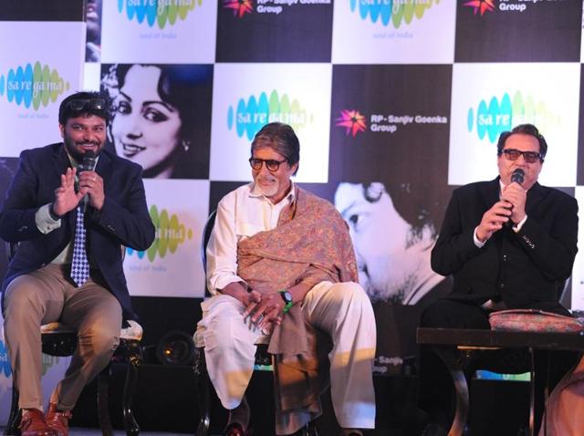Babul Supriyo with Amitabh Bachchan and Dharmendra during the launch of Hema Malini’s new music album. (IANS) 