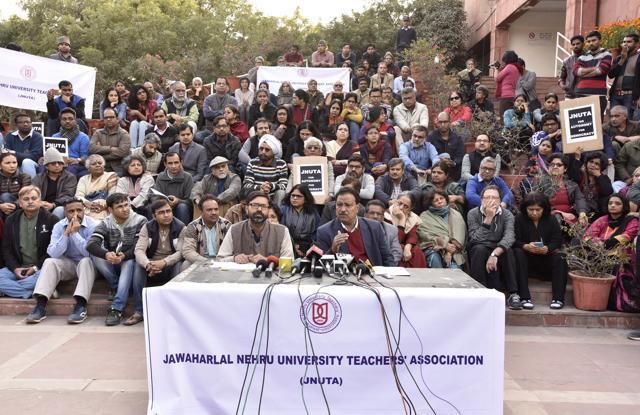 President of JNUTA Ajay Patnaik (R) with secretary of the association Vikramaditya during a press conference at JNU campus in New Delhi on Sunday. (Sanjeev Verma/HT Photo) President of JNUTA Ajay Patnaik (R) with secretary of the association Vikramaditya during a press conference at JNU campus in New Delhi on Sunday. (Sanjeev Verma/HT Photo)