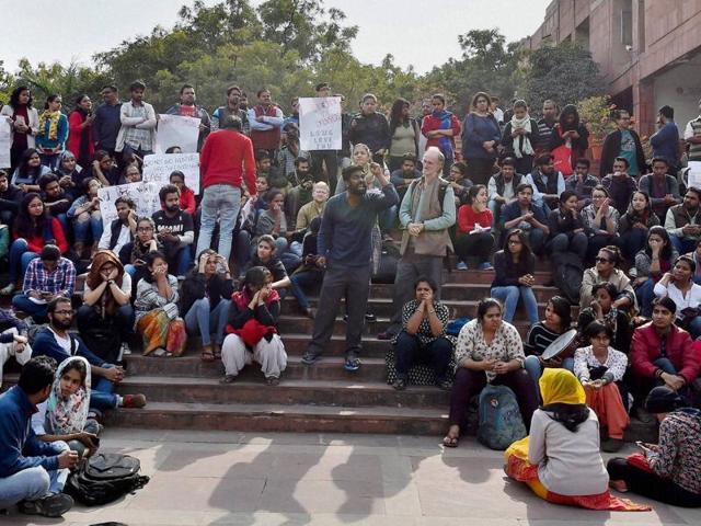 JNU students protest inside the university campus. (PTI Photo) JNU students protest inside the university campus. (PTI Photo)