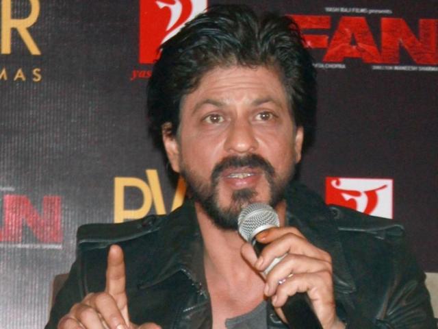 Shah Rukh Khan speaks at the song launch of Fan in New Delhi on Feb 16. (IANS)