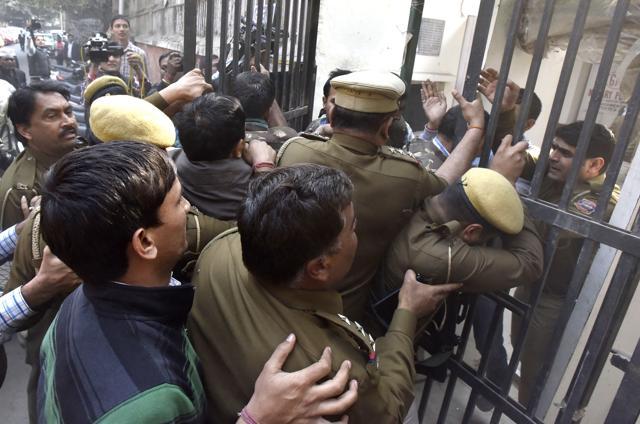 JNU Union President Kanhaiya Kumar being taken to Patiala House Court in New Delhi. (Photo by Virender Singh Gosain/ Hindustan Times JNU Union President Kanhaiya Kumar being taken to Patiala House Court in New Delhi. (Photo by Virender Singh Gosain/ Hindustan Times