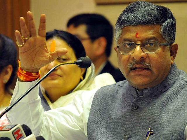 Union minister for communication and information technology Ravi Shankar Prasad addresses a press conference. He said OP Sharma “should not have taken law into his own hands and not resorted to violence”. (Shankar Mourya/HT File Photo)