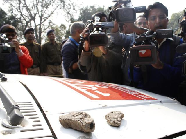 Stones were allegedly thrown at media vehicles. (Sanchit Khanna/HT)