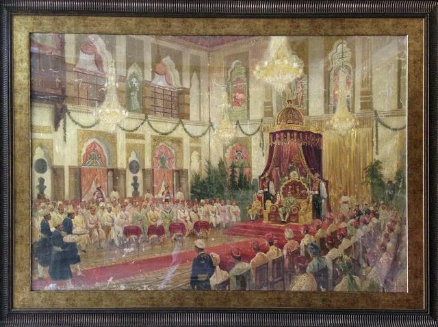 MR Acharekar’s oil on canvas painting of the Coronation of Baroda Maharaja Pratap Singh Gaekwad (1941). (Photo: Aalok Soni/ HT)