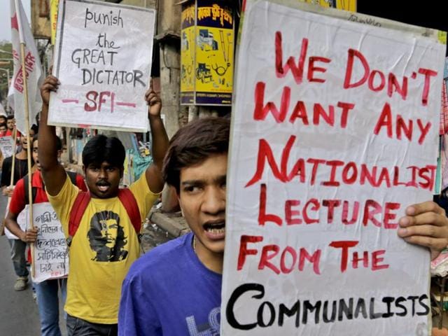 Student activists in Assam take out a procession in solidarity with the agitating JNU students in Guwahati on Thursday.(PTI)