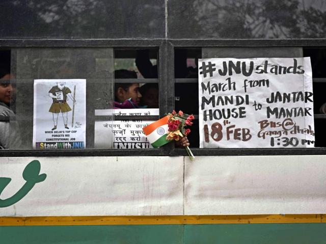 JNU students hold placards during a march in support of JNUSU president. (Vipin Kumar/HT Photo) JNU students hold placards during a march in support of JNUSU president. (Vipin Kumar/HT Photo)
