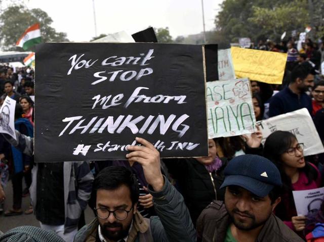 JNU students take out a march in support of JNUSU president Kanhaiya Kumar. (Vipin Kumar/HT Photo) JNU students take out a march in support of JNUSU president Kanhaiya Kumar. (Vipin Kumar/HT Photo)